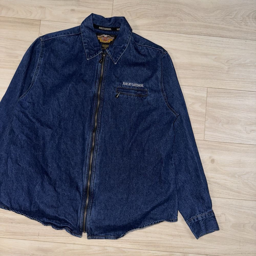 Harley Davidson Motorcycle Denim Jean Jacket Women's XL Embroidered Logo Pistons